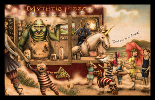 Mythtic Pizza illustration by book artist Marlo Garner